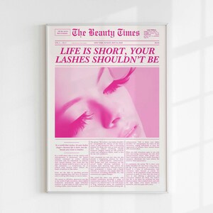 Peut inclure: Une affiche rose et blanche avec le titre "La vie est courte, vos cils ne devraient pas l'&ecirc;tre." L'affiche pr&eacute;sente un gros plan d'un &oelig;il de femme avec de longs cils.