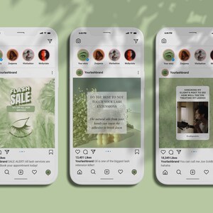 May include: Three Instagram posts about lash extensions. The first post advertises a flash sale on lash services. The second post warns against touching lash extensions. The third post shows a person checking their client's lashes.