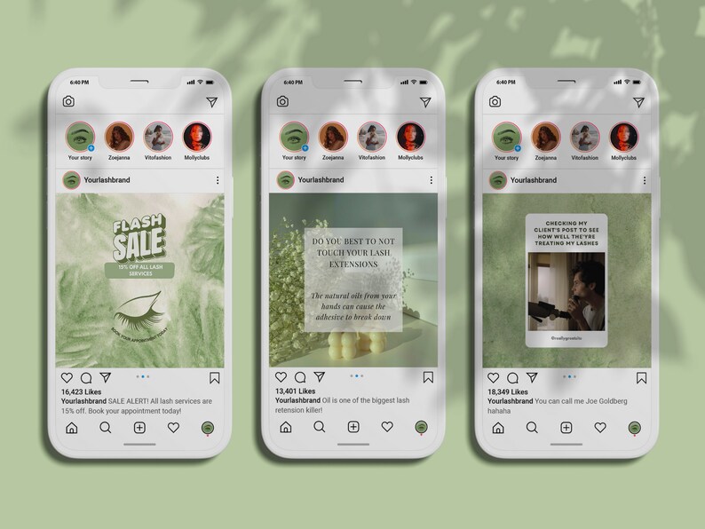 May include: Three Instagram posts about lash extensions. The first post advertises a flash sale on lash services. The second post warns against touching lash extensions. The third post shows a person checking their client's lashes.