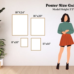 Peut inclure: Un guide de taille d'affiche avec un mannequin debout &agrave; c&ocirc;t&eacute; de quatre cadres de diff&eacute;rentes tailles. Les cadres sont &eacute;tiquet&eacute;s avec leurs dimensions en pouces : 18" x 24", 16" x 20", 8" x 10", et 11" x 14". Le mannequin mesure 5'5".