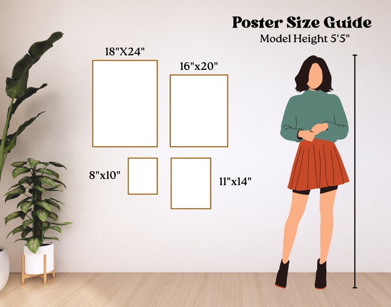 Peut inclure: Un guide de taille d'affiche avec un mannequin debout &agrave; c&ocirc;t&eacute; de quatre cadres de diff&eacute;rentes tailles. Les cadres sont &eacute;tiquet&eacute;s avec leurs dimensions en pouces : 18" x 24", 16" x 20", 8" x 10", et 11" x 14". Le mannequin mesure 5'5".
