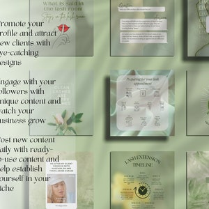 May include: Green and white graphic design with tips for promoting a lash business. The graphic includes text such as "Promote your profile and attract new clients with eye-catching designs", "Engage with your followers with unique content and watch your business grow", and "Post new content daily with ready-to-use content and help establish yourself in your niche".