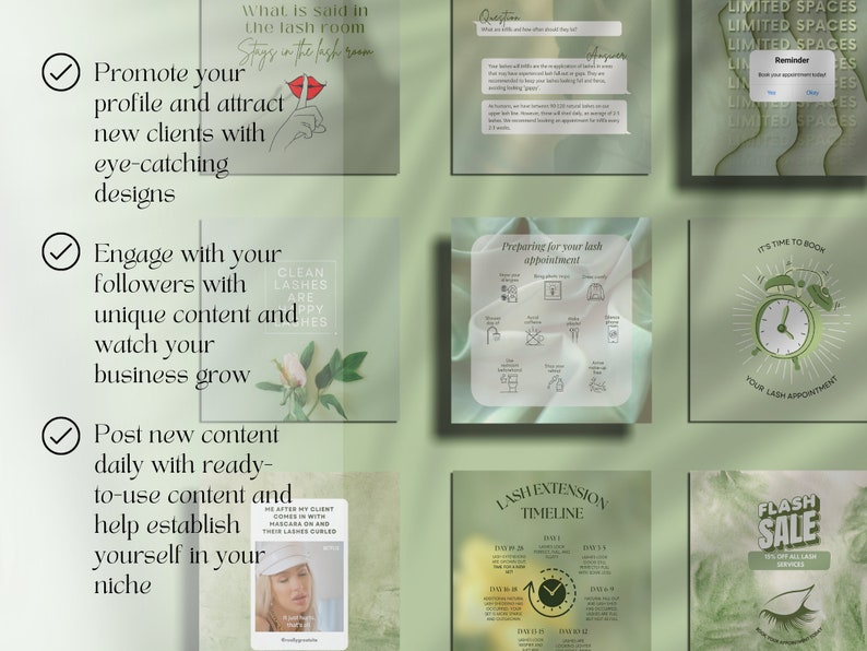 May include: Green and white graphic design with tips for promoting a lash business. The graphic includes text such as "Promote your profile and attract new clients with eye-catching designs", "Engage with your followers with unique content and watch your business grow", and "Post new content daily with ready-to-use content and help establish yourself in your niche".