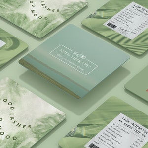 May include: Four square cards with green and blue backgrounds. The cards feature the text "Good Lashes Good Mood", "Need Therapy? Get your lashes done", and "Lash Retention Check Out" with a price list. One card has a close-up of an eye with eyelashes.