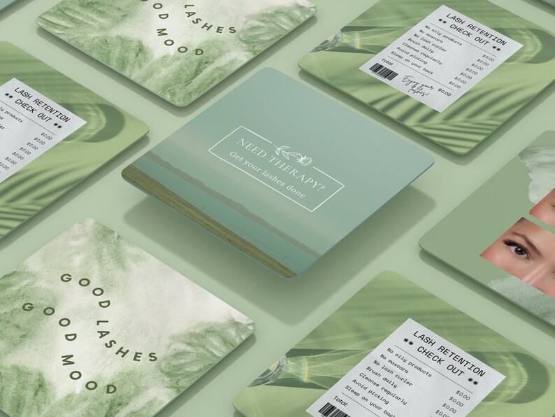 May include: Four square cards with green and blue backgrounds. The cards feature the text "Good Lashes Good Mood", "Need Therapy? Get your lashes done", and "Lash Retention Check Out" with a price list. One card has a close-up of an eye with eyelashes.