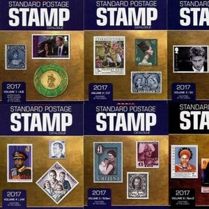 May include: A set of six gold-colored books with the title "Standard Postage Stamp Catalogue" on the cover. Each book features a different year and volume number, along with images of stamps from around the world.