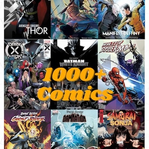 May include: A digital collage of nine comic book covers featuring Thor, Assassin's Creed Valhalla, Star Trek, Dark X-Men, Batman White Knight, Non-Stop Spider-Man, Ghost Rider, Doctor Strange Damnation, and Samurai Sonja with 1000+ Comics text.
