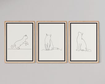 Stampa artistica digitale da parete con linea di gatti tripli, set di 3 decorazioni da parete stampabili con animali domestici, arte minimalista, amante dei gatti, download digitale istantaneo