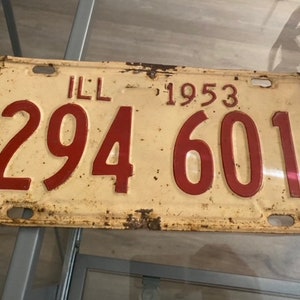 1953 ILL Illinois License Plate Tag Antique White Red Metal Car Tag Collector