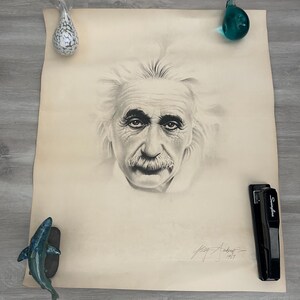 Albert Einstein Vintage Black White Art Poster - 1987 - Pencil signed by Artist