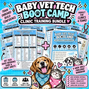 May include: A Baby Vet Tech Boot Camp training bundle featuring a collection of blue printed reference guides, a skills checklist workbook, and illustrations of a golden retriever and a tabby cat wearing patterned bandanas.