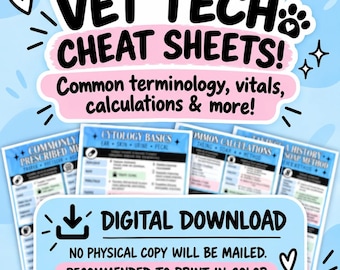 DIGITAL DOWNLOAD | Vet Tech Cheat Sheet/Quick Reference Guide (notebook size) | Common terms, calculations & more! | Vet Student, VTNE prep