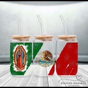 May include: Three glass tumblers with bamboo lids and clear straws. Each tumbler features a different design: a green and white image of the Virgin Mary, a green, white, and red image of the Mexican flag, and a red, white, and green image of the Mexican flag.