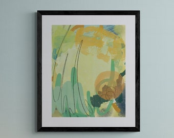 May include: A bedroom with a bed featuring a woven headboard and a variety of pillows. The bed is made with a brown patterned duvet. A framed abstract painting with green and yellow colours hangs on the wall above the headboard.
