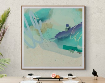 May include: A light wood dining table with two benches, set for a meal with plates, glasses, and a bowl of fruit. A framed abstract painting with blue, green, and white colours hangs on the wall behind the table.