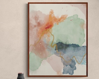 Printable Original Abstract Wall Art, Downloadable Alcohol Ink Painting, Modern Deep Colors, with Blue, Orange and Red Wall Decor Art