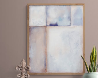 May include: A black wooden console table with a light brown wooden sculpture, a wooden bowl, and a potted plant with green and yellow leaves. The table is against a light brown wall with a framed abstract painting in shades of blue, white, and brown.