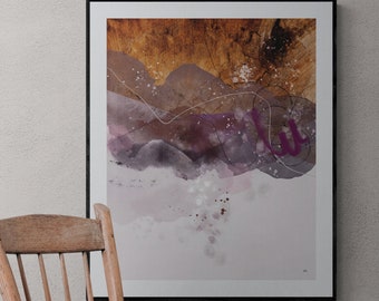 May include: Abstract art print with a brown, purple and white colour scheme. The print features a layered design with a white background and a brown and purple abstract shape in the upper portion of the print. The print is framed in a black frame.