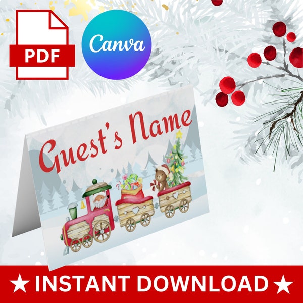 Printable Christmas Placecards,  Table Tent Name Cards, Editable Canva Template, Folded Santa Place Cards, Seating Cards, Digital Download