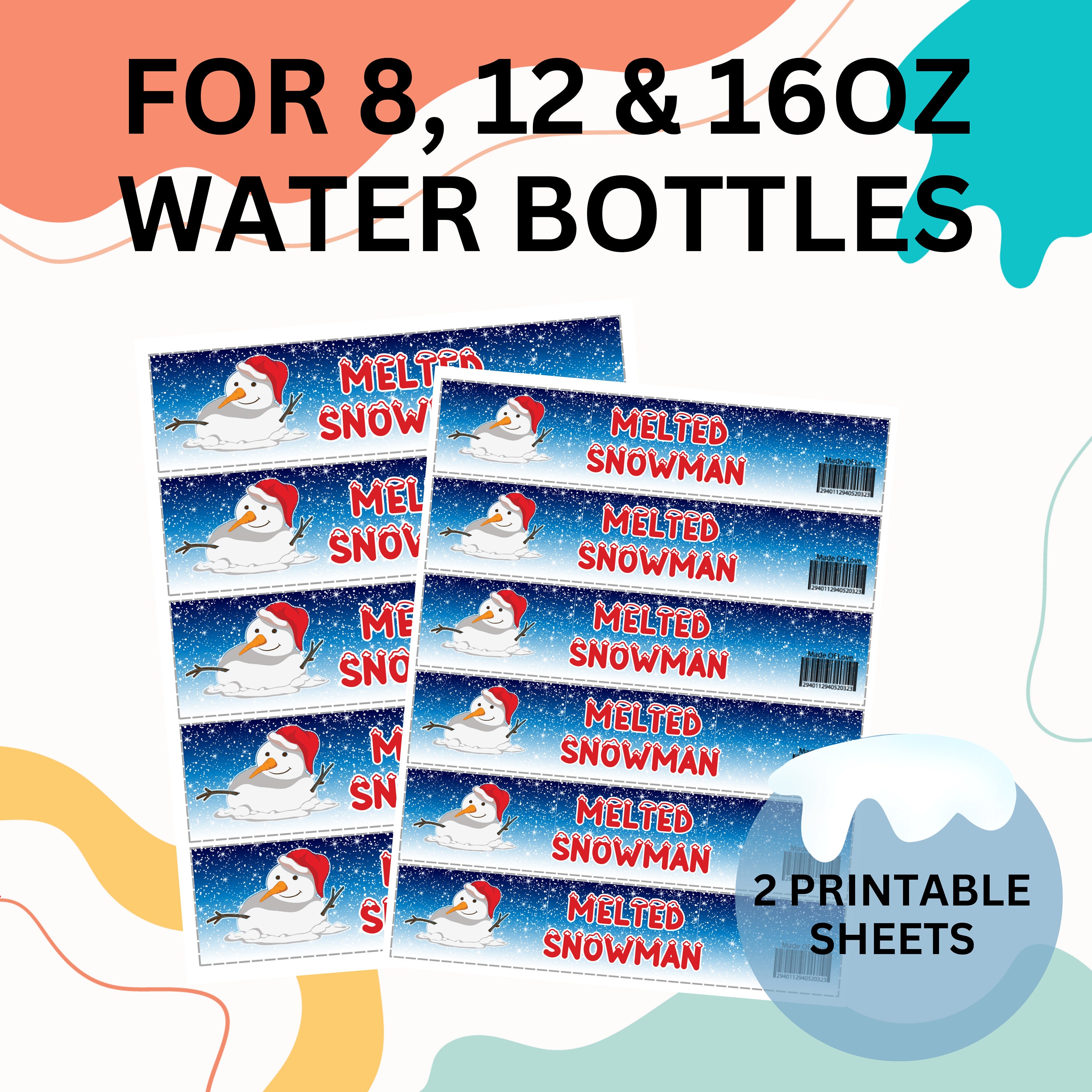 Printable Melted Snowman Labels, Christmas Party Favors, Bottle Tags ...