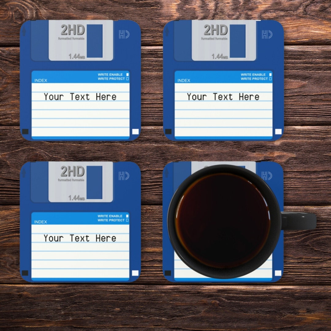 Custom Floppy Disk Coasters, 4 Piece Retro Computer Square Cork Drink