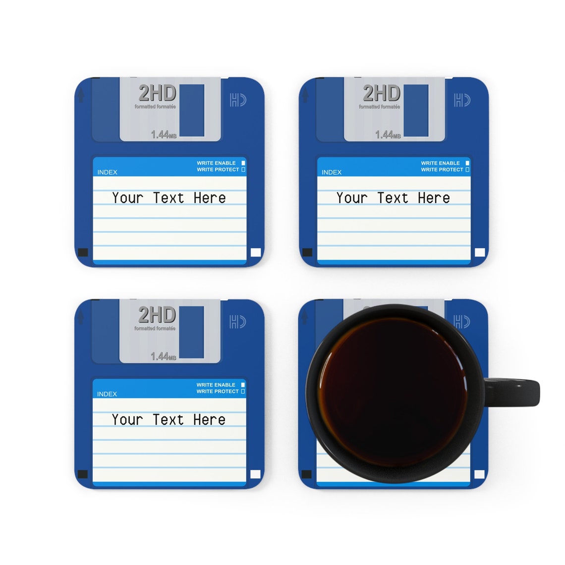 Custom Floppy Disk Coasters, 4 Piece Retro Computer Square Cork Drink
