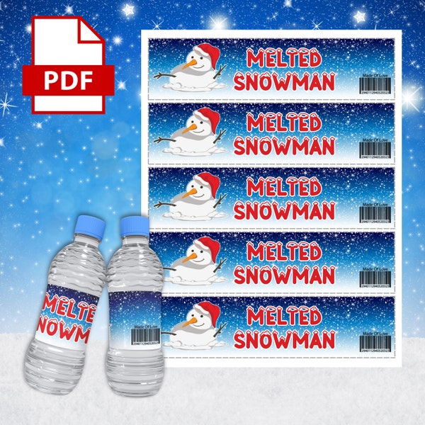 Printable Melted Snowman Labels, Christmas Party Favors, Bottle Tags, Melting Snowman Water Bottle Wrappers, PDF Digital Instant Download