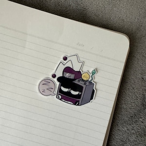 May include: A cartoon illustration of a purple television with a black hat and a white crown. The television has a sleepy face and is wearing a hat that says "Help". The television is holding a small yellow lightbulb with a green stem.