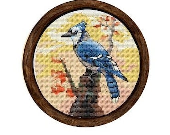 Blue Jay-kruissteekpatroon: vogel in cirkel (digitaal patroon)