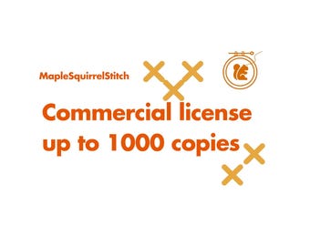 May include: Orange text on a white background reads "MapleSquirrelStitch Commercial license up to 1000 copies".  The text is surrounded by orange stylized X shapes. A small orange circle with a squirrel inside is in the upper right corner.