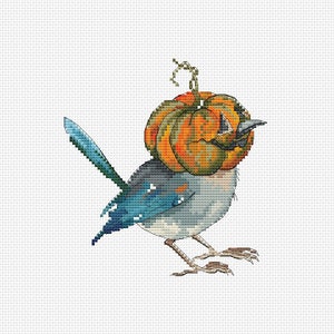 May include: A blue bird with a carved pumpkin on its head. The pumpkin is orange and green with a carved face. The bird is looking to the right.
