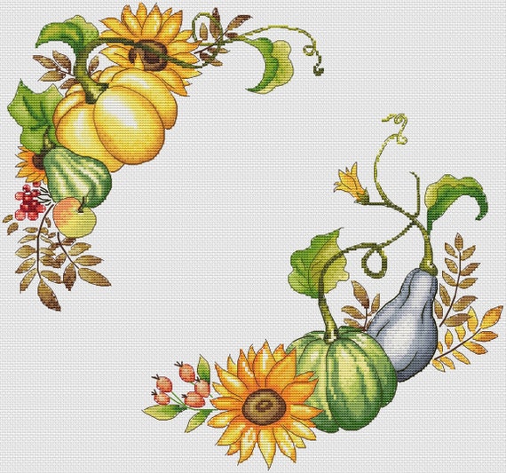 秋の収穫リースのクロスステッチパターン：秋の刺繍（PDFパターン