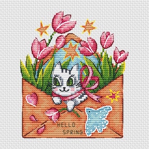 May include: Cross-stitch design of a white cat in a brown envelope with pink tulips and green leaves. The cat has a pink ribbon. The words "HELLO SPRING" are at the bottom, with a blue bird and pink heart.