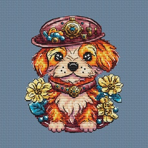 May include: A cross-stitch pattern of a cute orange dog wearing a brown and gold steampunk hat with gears and a flower crown. The dog is sitting and has a brown collar with gold accents.