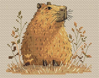 Schema per ricamo a punto croce di un capibara; ricamo a punto croce di animali; schema per ricamo a punto croce di un simpatico capibara; schema PDF