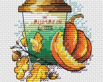 Pumpkin Latte Cross-Stitch Pattern ; Fall Coffee Embroidery ; autumn leaves digital Pattern