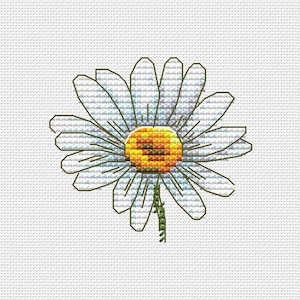 May include: A cross-stitch design of a daisy flower. The flower has white petals with brown outlines, a yellow and orange center, and a green stem. The background is a white, textured pattern.