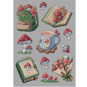 May include: A cross-stitch pattern featuring mushroom illustrations. The design includes a green backpack, an open book, a teacup, and a bouquet, all adorned with red and white mushrooms. The background is a light grey.