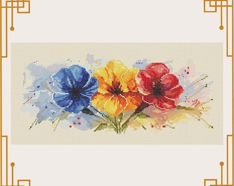 Korsstygnsmönster med färgglada blommor; blommönster; digitalt diagram med sommarblommor