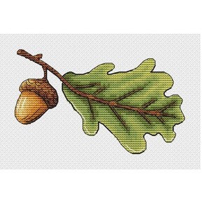 May include: Cross-stitch design of an acorn and oak leaf on a branch. The acorn is golden brown, the leaf is green, and the branch is brown. The design is on a white background.