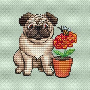 May include: A cross-stitch design featuring a beige pug dog sitting next to a potted orange flower with a bee. The background is a light green color. The pug has brown ears and a black nose.