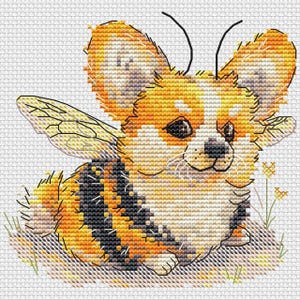 May include: Cross-stitch design of a Corgi dog with bee wings and antennae. The dog is primarily orange and white, with black stripes on its back. The background is white, with small yellow flowers and green grass.