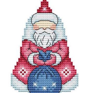 May include: A cross-stitch Christmas decoration depicting Santa Claus. The design features a red hat and coat, a white beard, and a blue sack of gifts. White snowflakes are stitched on the hat and sack.