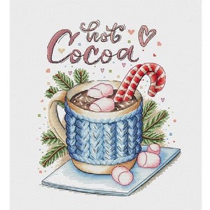 Patrón de punto de cruz de cacao, bordado de bebida caliente PDF digital, bordado a mano, punto de cruz contado; bordado de cacao de invierno