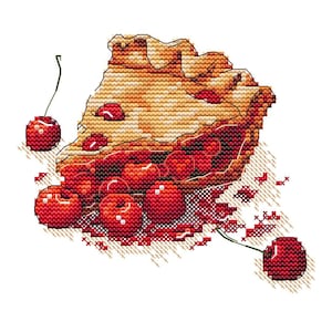 May include: A cross-stitch pattern of a slice of cherry pie with a golden-brown crust and a dark red cherry filling. Several bright red cherries with green stems are scattered around the base of the pie slice on a white background.