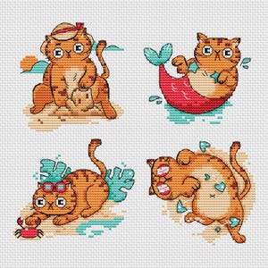 Peut inclure: Motif de point de croix avec quatre chats tigrés orange dans des scènes de plage. Un chat porte un chapeau, un autre est une sirène, un troisième joue avec un crabe et le dernier prend un bain de soleil. Le fond comprend du sable, de l'eau et des éléments tropicaux.