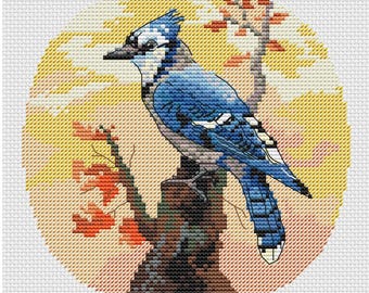 Borduurpakket Blue Jay; Vogelborduurwerk DIY-handwerk; Borduurmaterialen en instructies