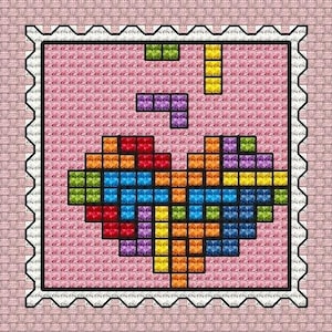 Tetris Alla hjärtans dag hjärta korsstygnsmönster; geometrisk design; datorspelsbroderi