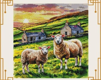 countryside scenery Cross-Stitch Pattern ; sheep embroidery ; PDF Pattern ; farm landscape cross-stitch
