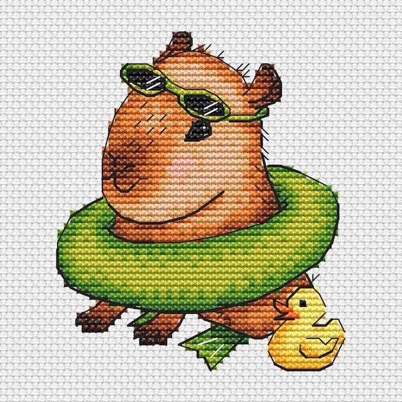 カピバラのスイマークロスステッチパターン：面白い刺繍（PDFパターン